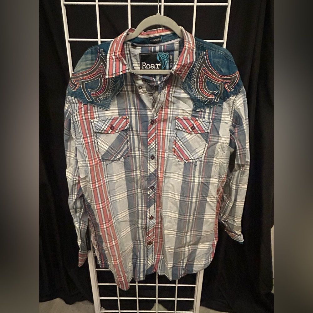 Roar Men's Casual Plaid Shirt - Blue, Red, and White